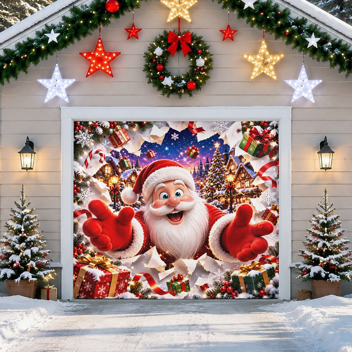 3D Christmas Garage Door Cover - Santa Breaking Wall