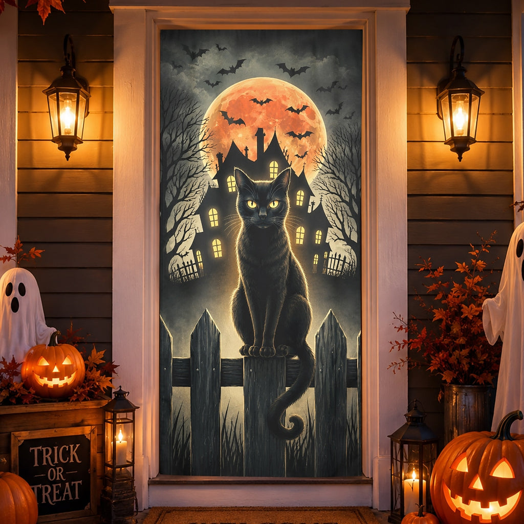 Flying Witch Full Moon Haunted House Banner Halloween Door Cover