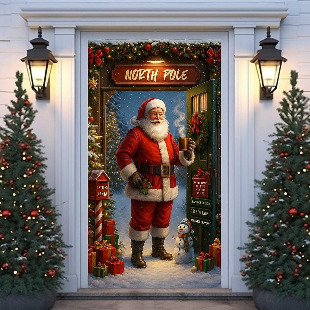 Vintage Santa with North Pole Sign Christmas Door Cover