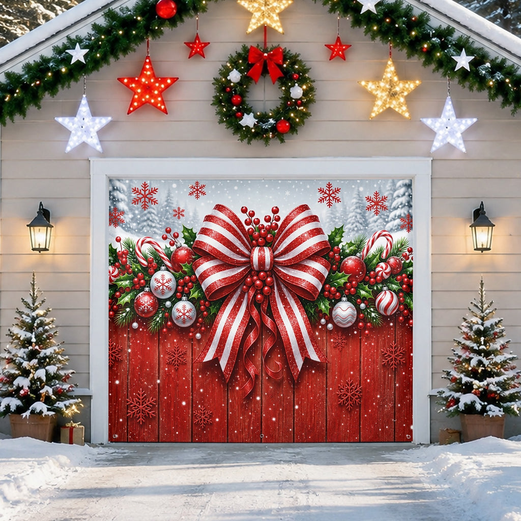 Red Bow & Ornaments Garage Door Cover
