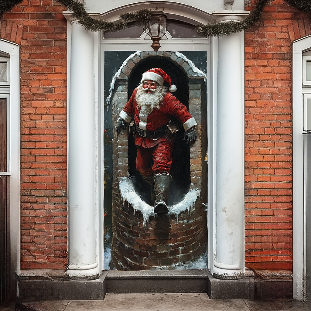 Santa Breaking Through Wall Christmas Door Cover