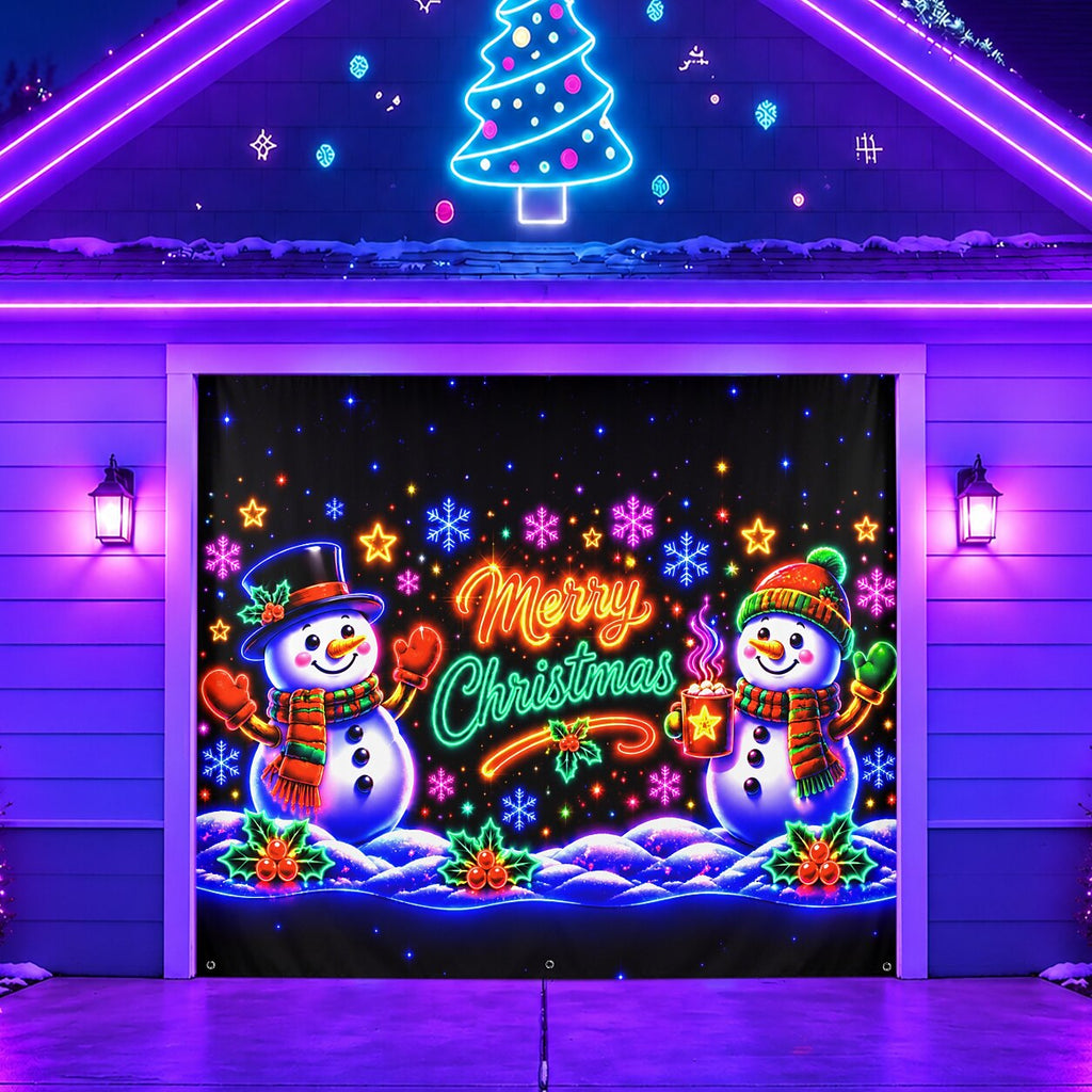 Blacklight Christmas Garage Cover UV Reactive Merry Christmas Snowman
