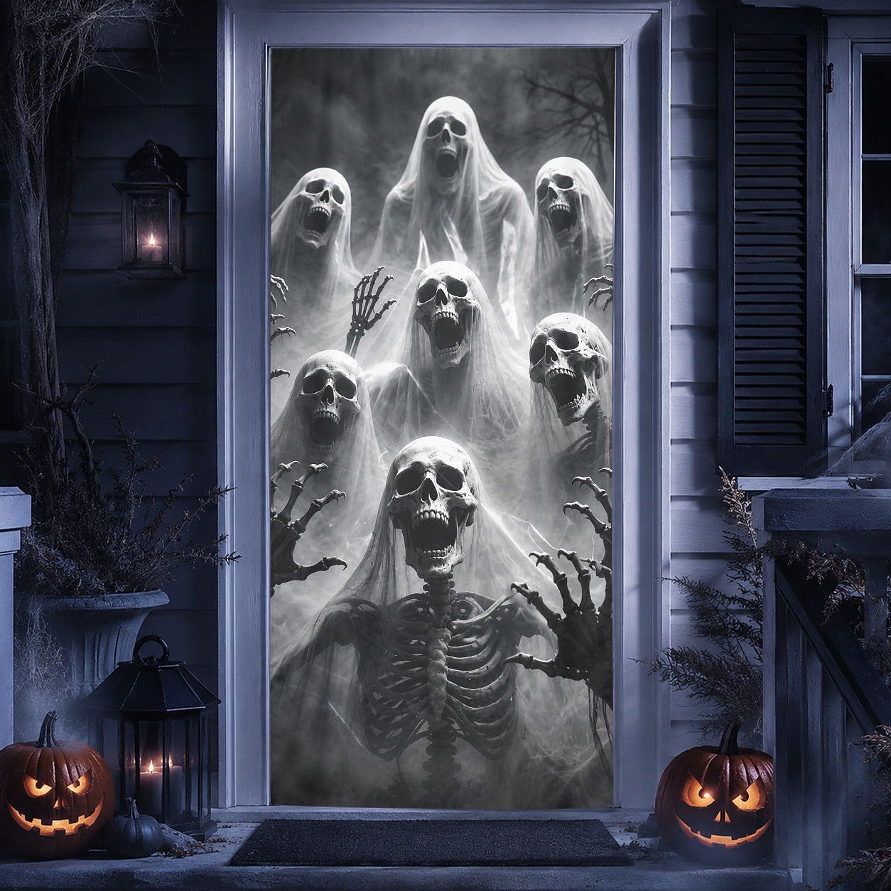 Stairway Jack O Lantern Banner Halloween Door Cover Ghost Skeleton