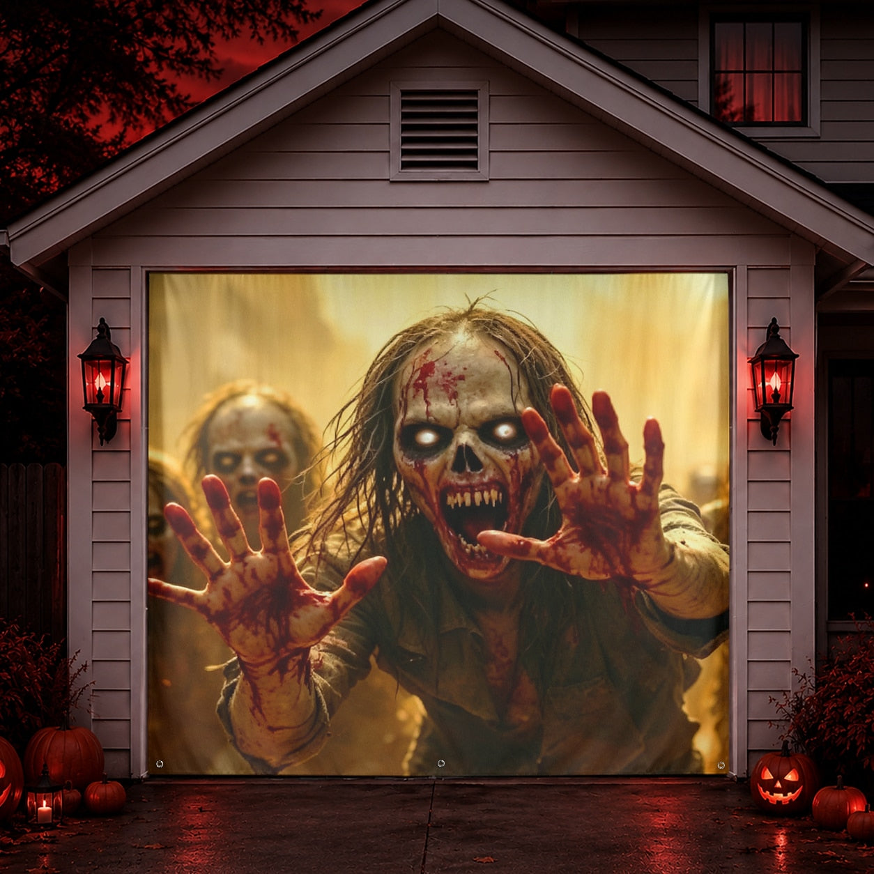Creepy Girl & Red Balloon Horror Clown | Halloween Garage Door Banner Cover