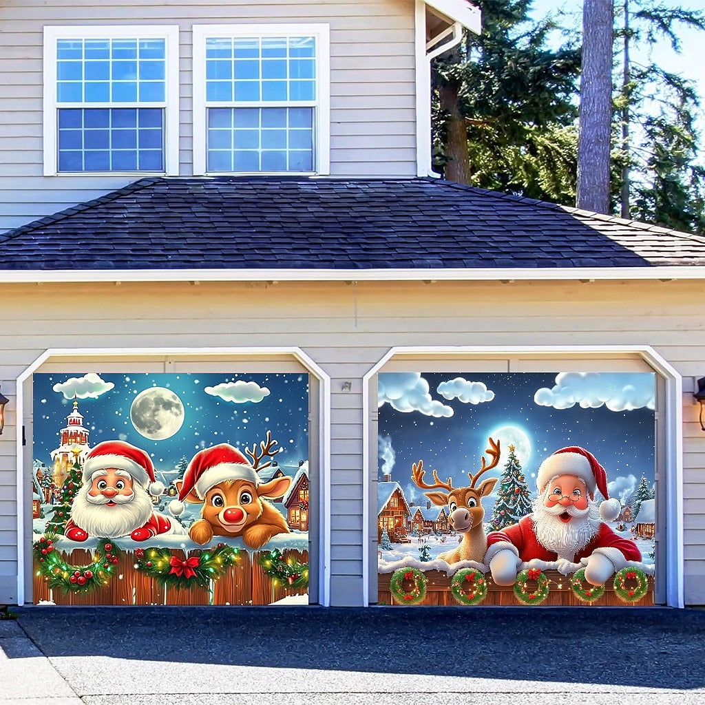 3D Santa & Reindeer Garage Door Cover