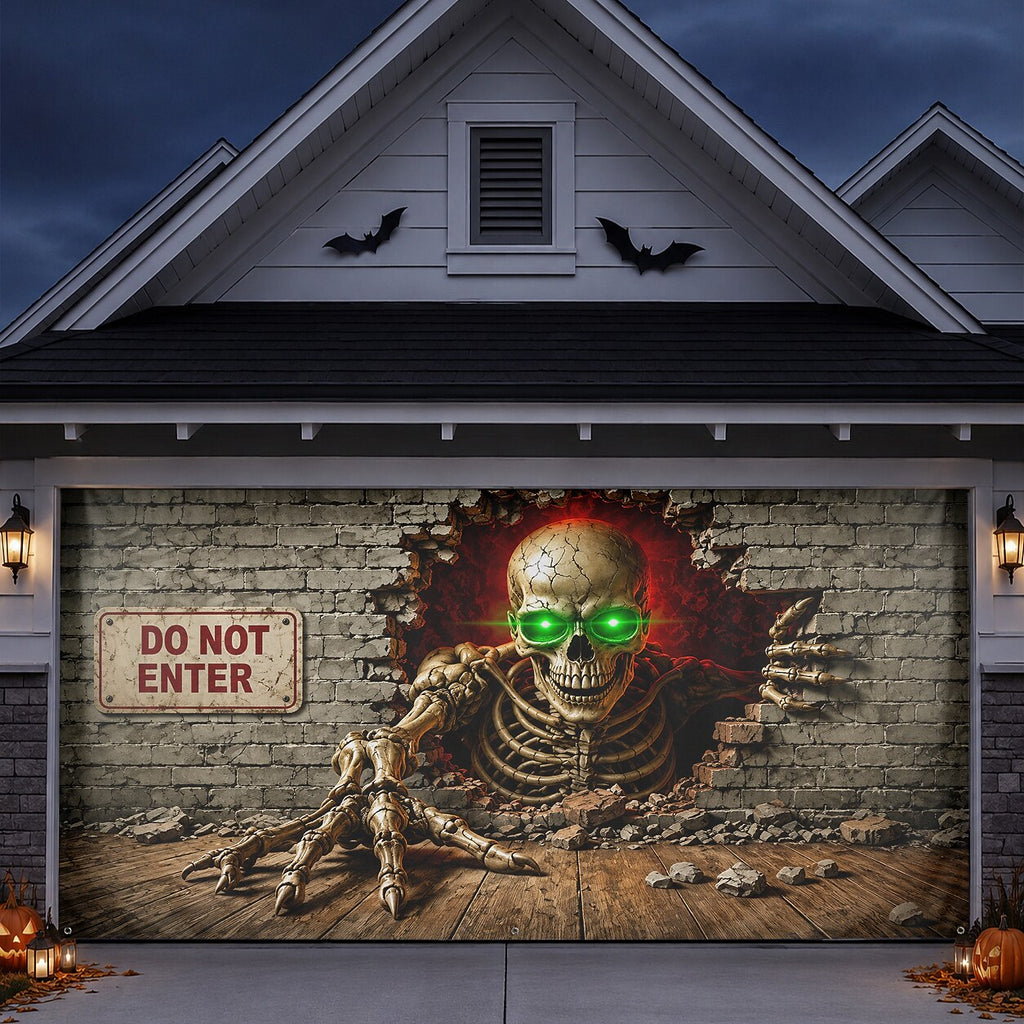 Halloween Green Glowing Eyes Skeleton Garage Door Cover