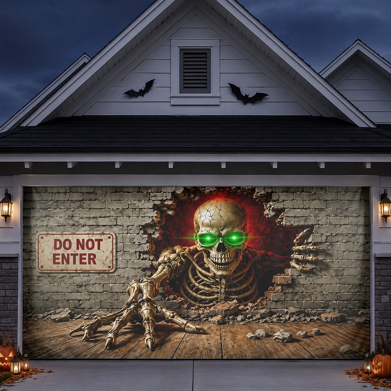 Halloween Green Glowing Eyes Skeleton Garage Door Cover