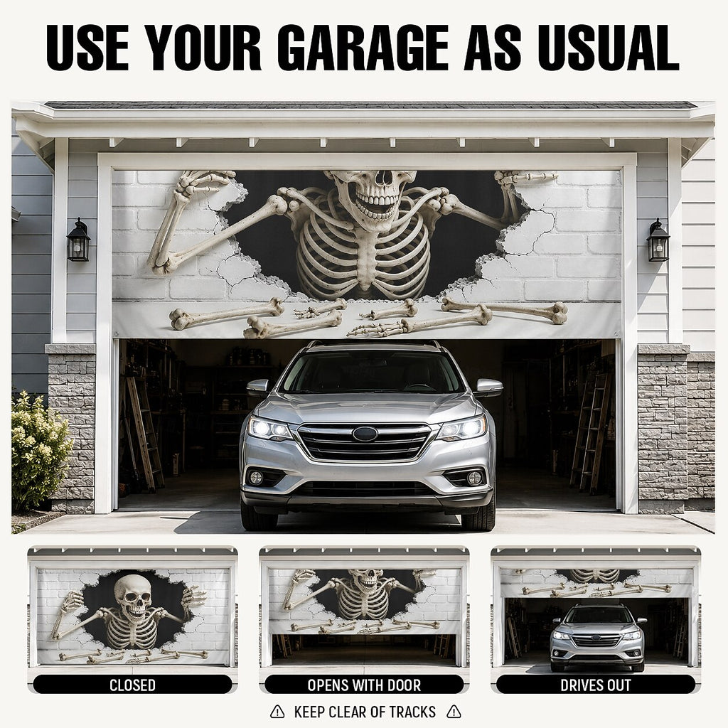 Halloween Skeleton White Brick Wall Garage Door Cover