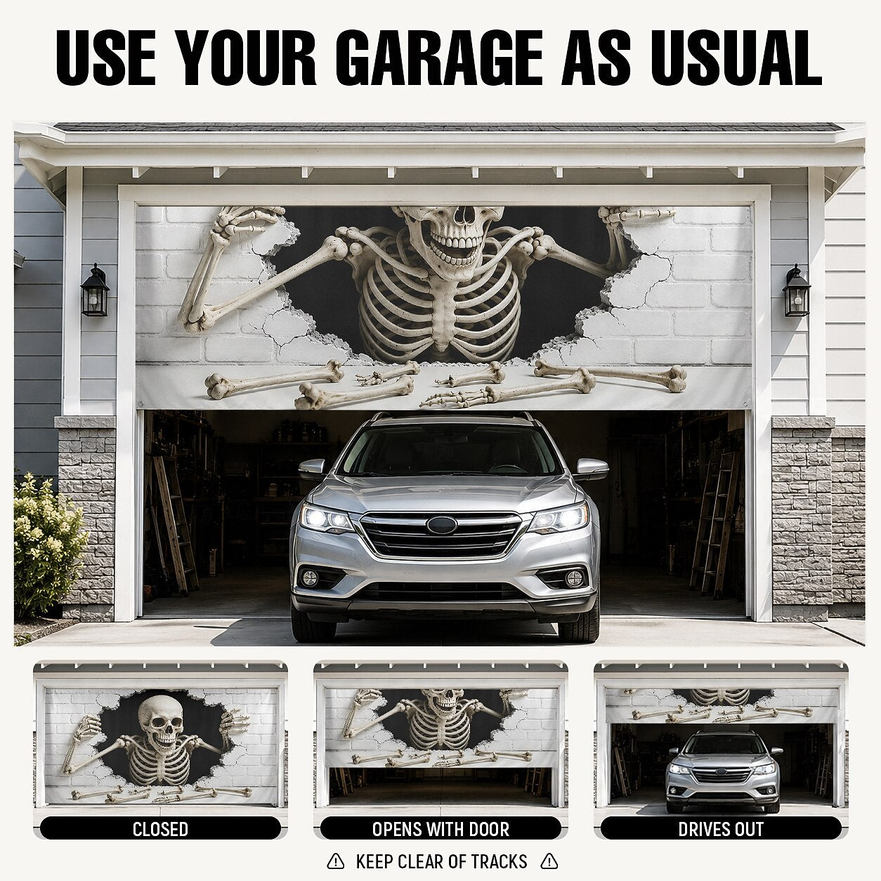 Halloween Skeleton White Brick Wall Garage Door Cover