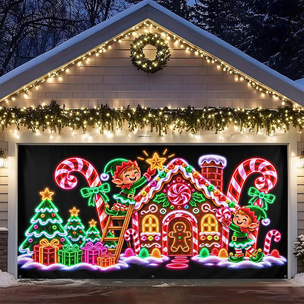 Blacklight Christmas Garage Cover UV Reactive Christmas Village & Tree