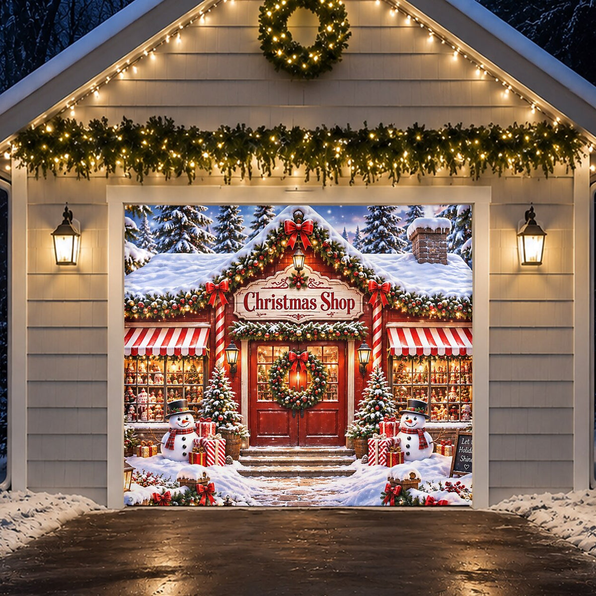 Christmas Garage Door Cover - Red Holiday Shopfront Design