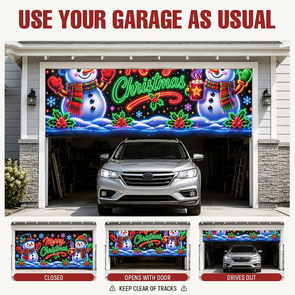 Blacklight Christmas Garage Cover UV Reactive Merry Christmas Snowman