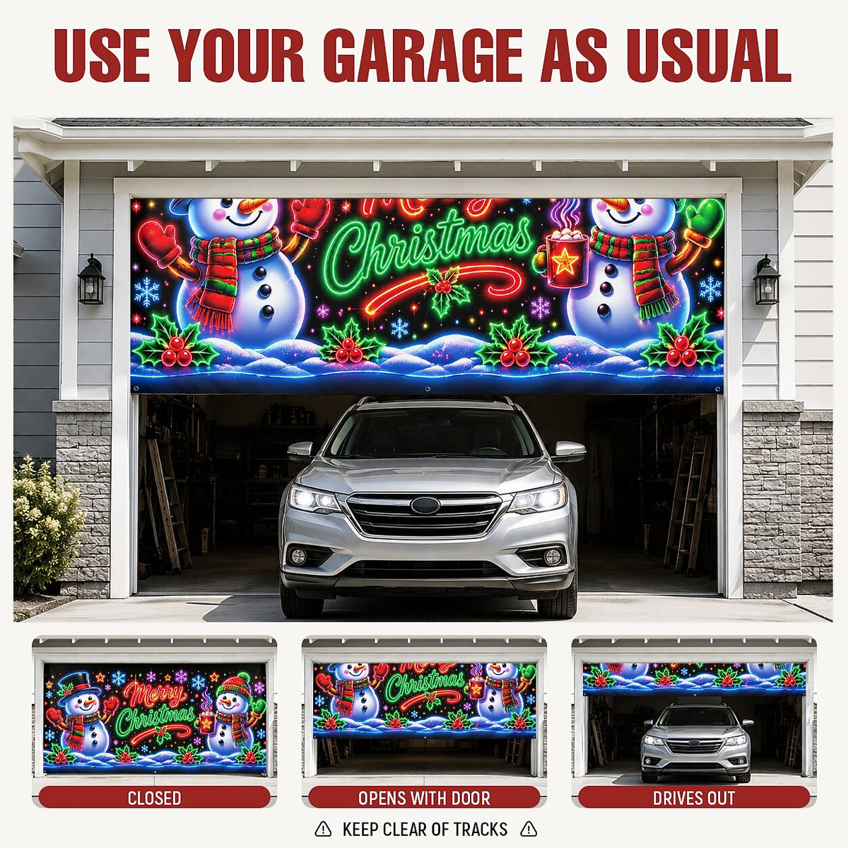 Blacklight Christmas Garage Cover UV Reactive Merry Christmas Snowman