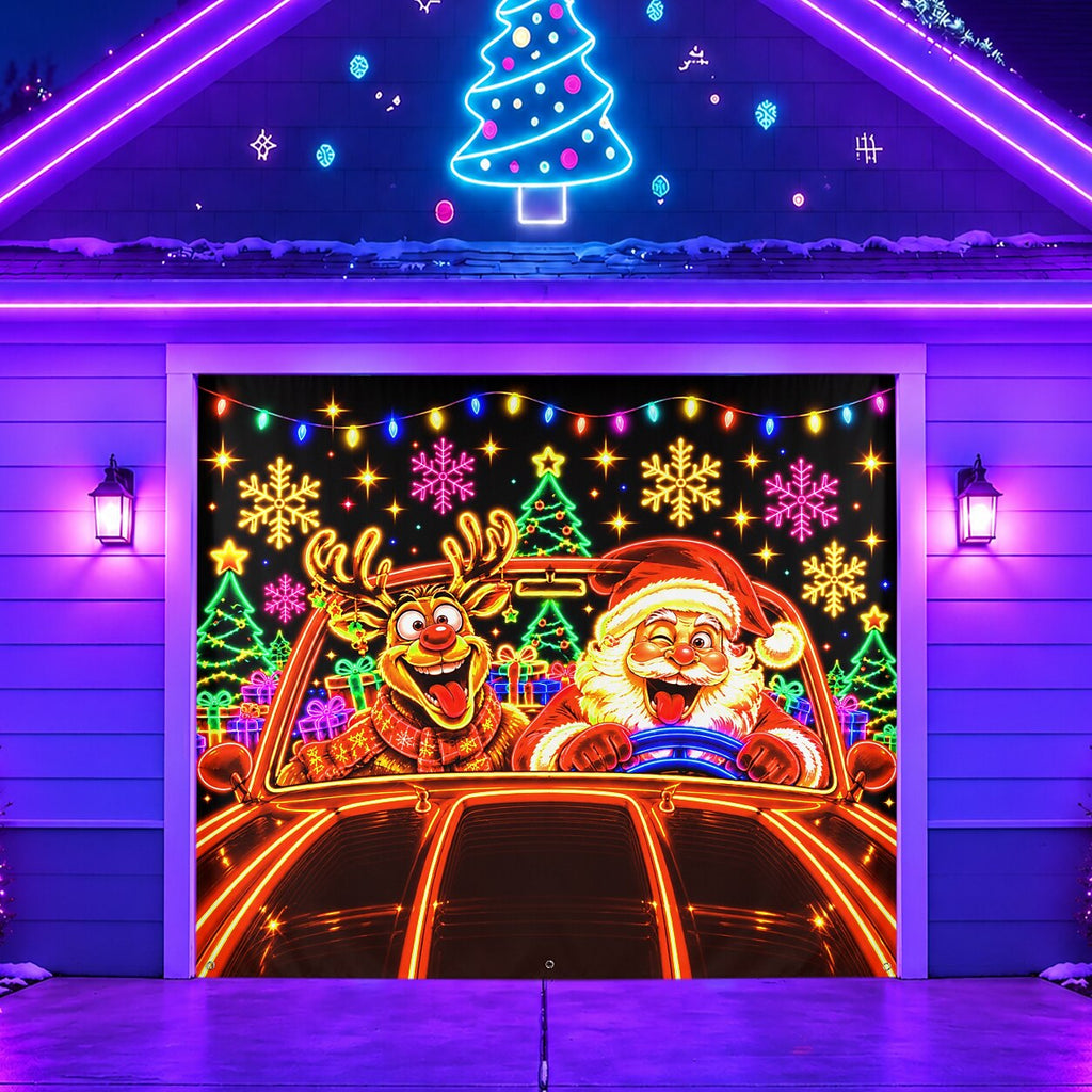 Blacklight Christmas Garage Cover UV Reactive Santa & Reindeer