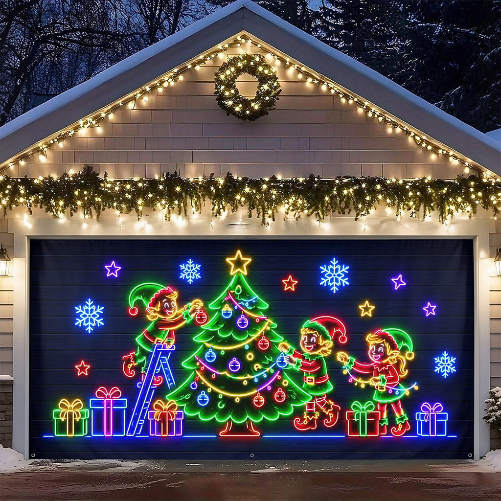 Blacklight Christmas Garage Cover UV Reactive Christmas Tree & Gifts