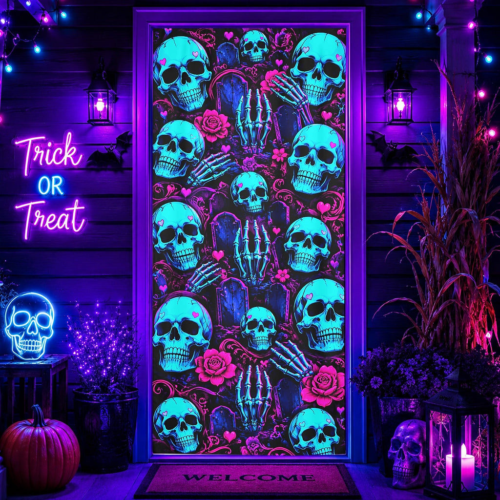 Pumpkin Spooky Halloween Door Banner Halloween Door Cover Neon Skull