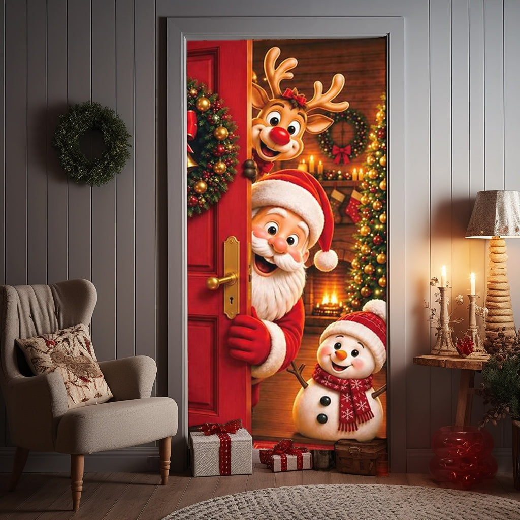 Christmas Door Cover - Stretch Fit Santa & Reindeer Door Decoration