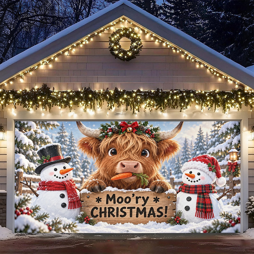 Christmas Garage Door Cover - Merry Christmas Highland Cow Design