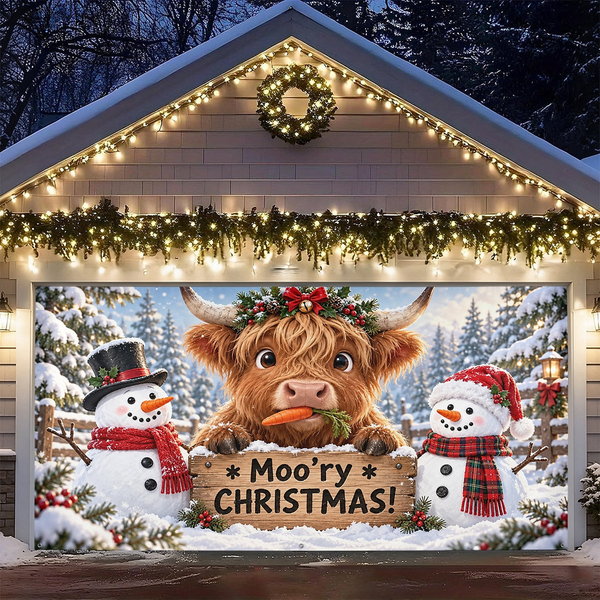 Christmas Garage Door Cover - Merry Christmas Highland Cow Design
