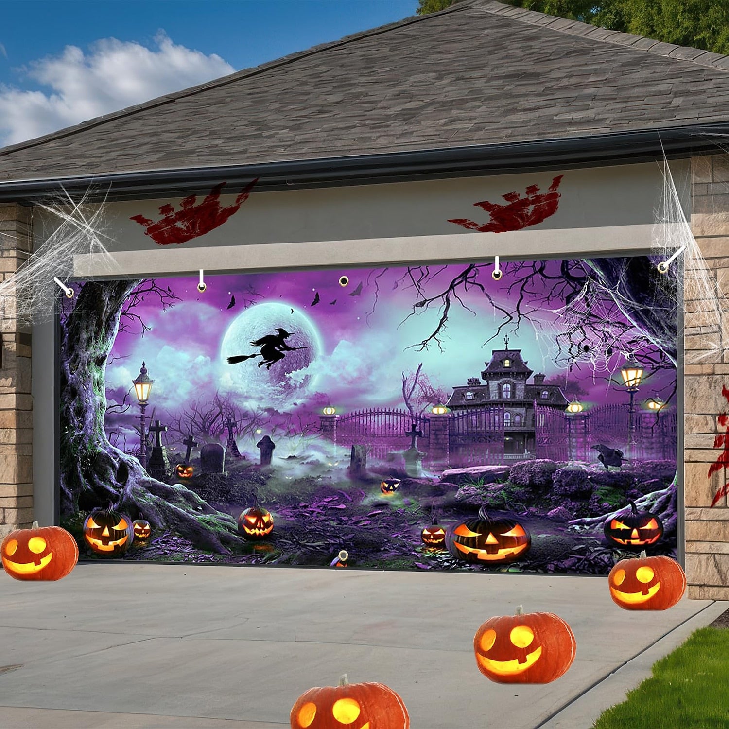 Scary Witch & Haunted House | Halloween Garage Door Banner Cover