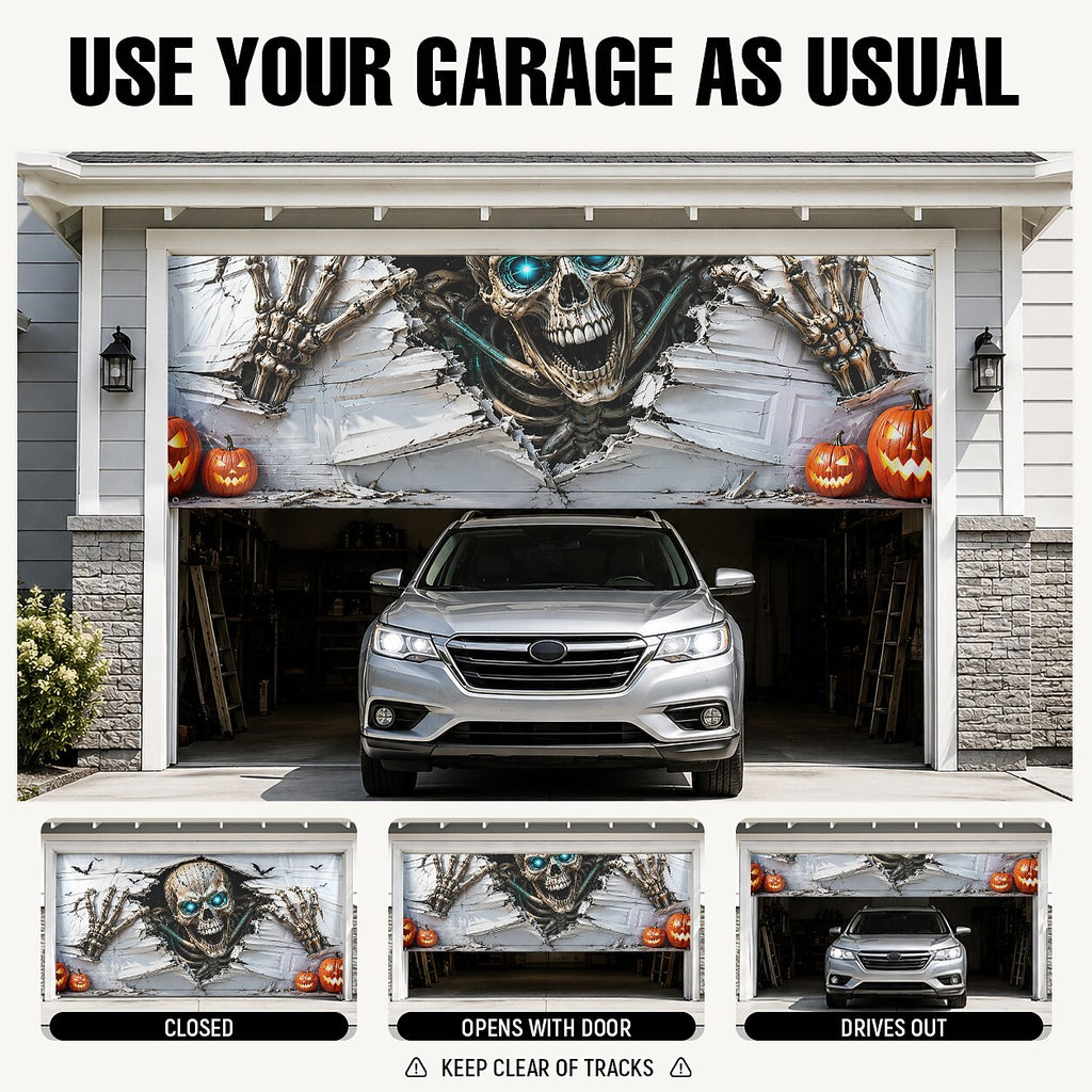 Halloween Skeleton Breaking Wall Garage Door Cover