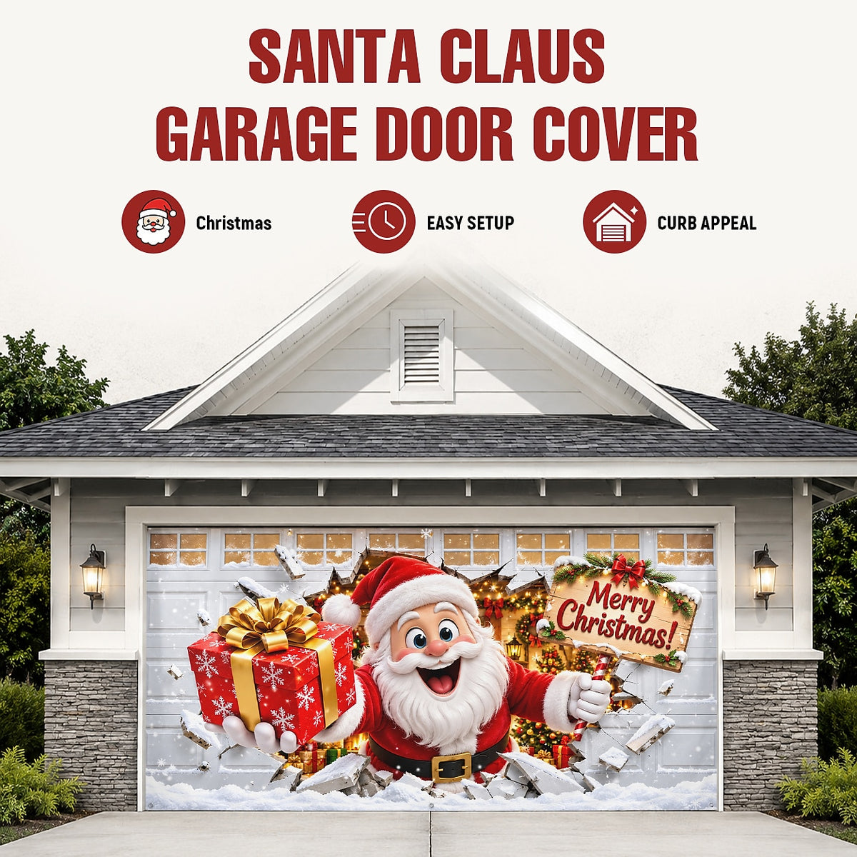 Christmas Garage Door Cover - Santa Breaking Through Gift 3D Design