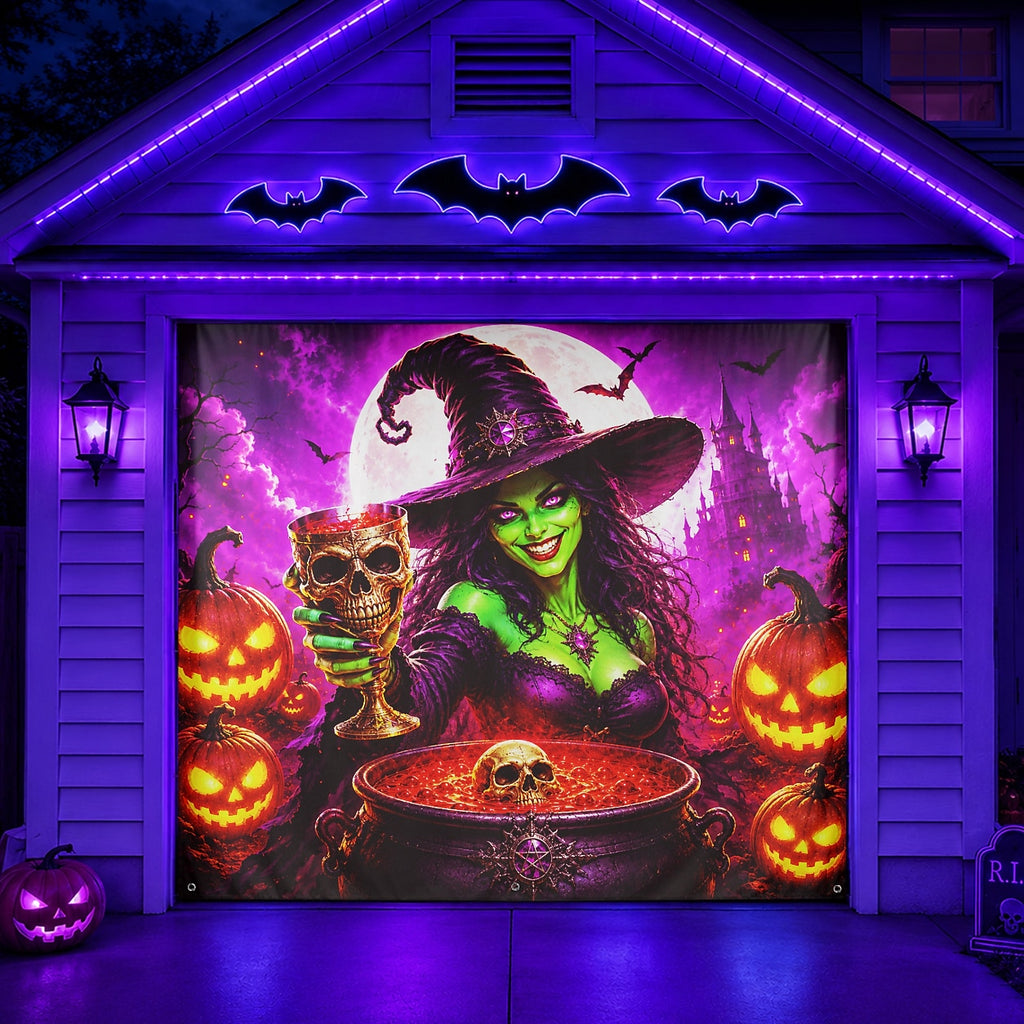 Fluorescent Witch with Pumpkin & Cauldron | Halloween Garage Door Banner Cover