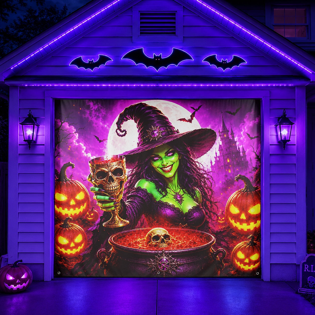 Fluorescent Witch with Pumpkin & Cauldron | Halloween Garage Door Banner Cover