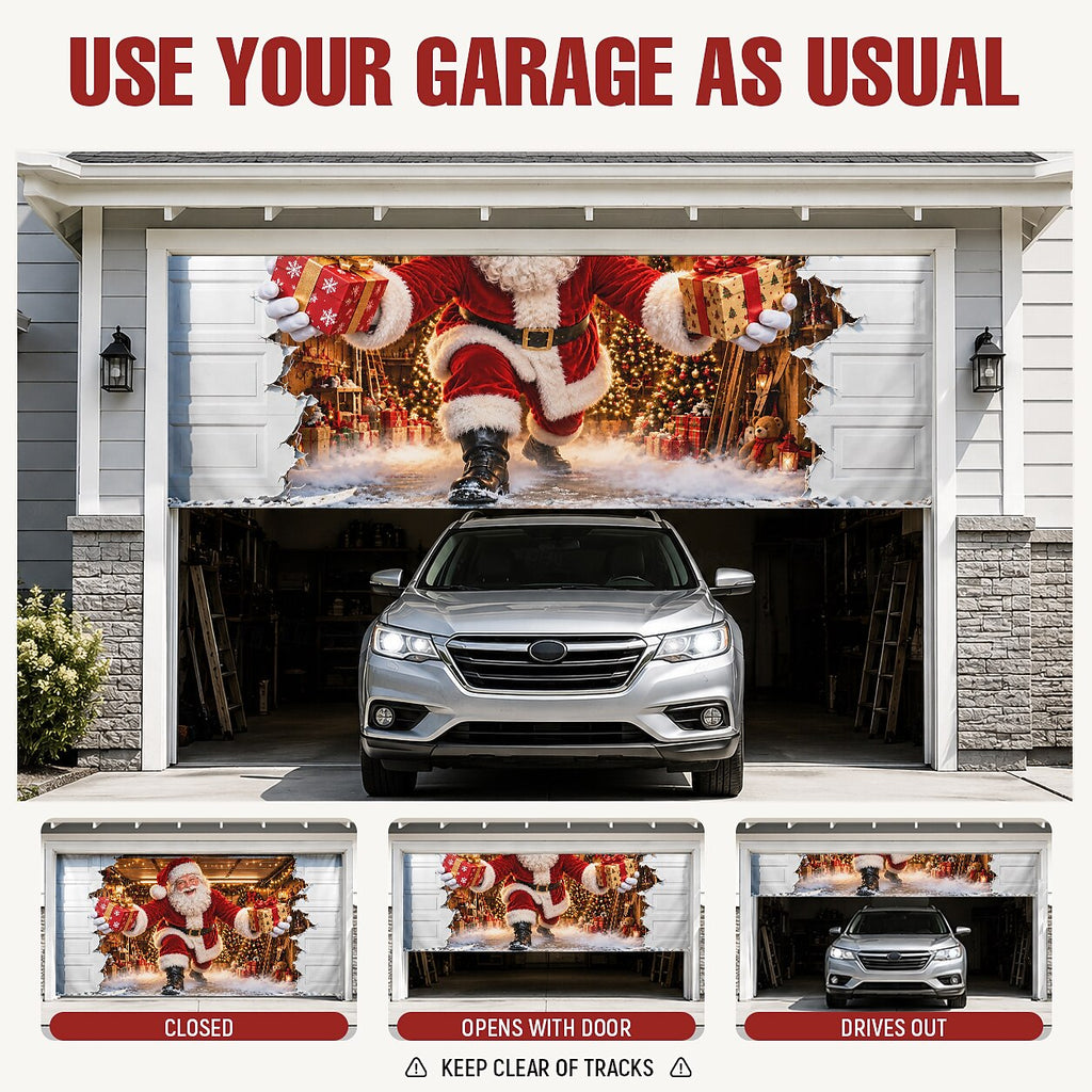 Christmas Garage Door Cover, Santa Claus Breaking Through Garage Wall Design, 3D Optical Illusion Garage Door Banner for Christmas Party Decor