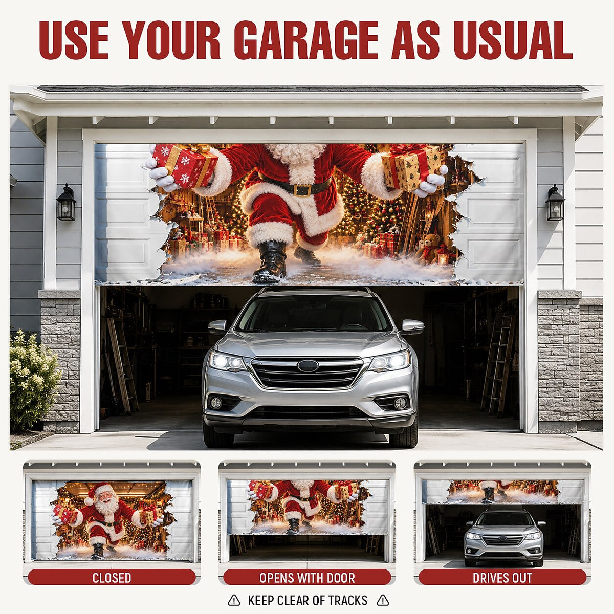 Christmas Garage Door Cover, Santa Claus Breaking Through Garage Wall Design, 3D Optical Illusion Garage Door Banner for Christmas Party Decor