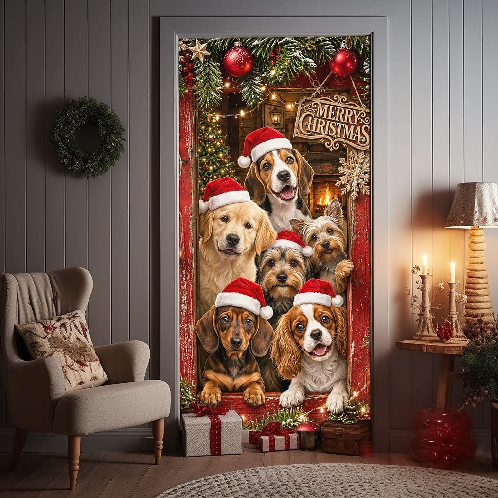 Cute Puppies Christmas Door Cover