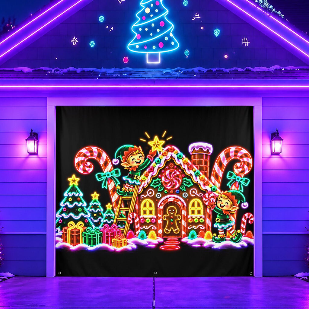 Blacklight Christmas Garage Cover UV Reactive Christmas Village & Tree