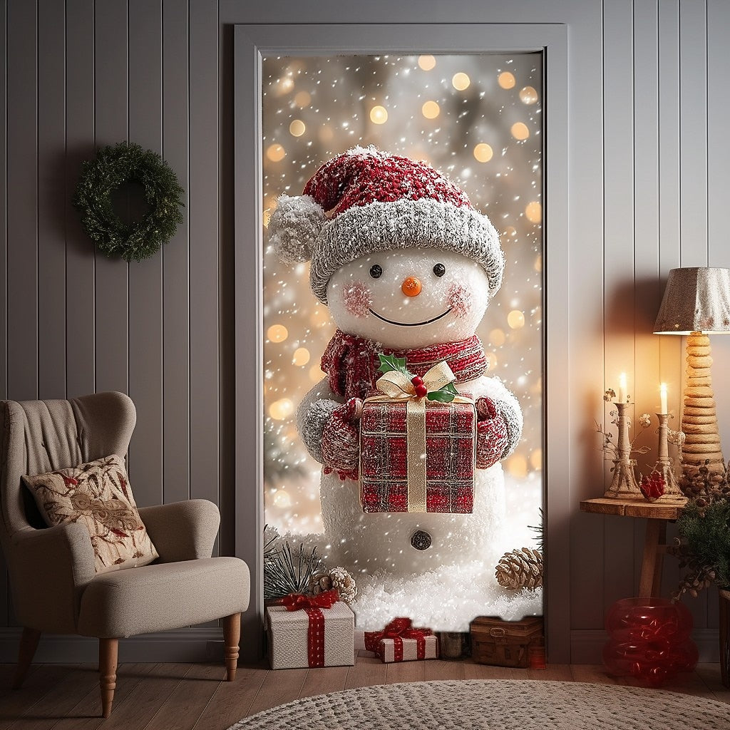 Cute Snowman in Winter Forest Christmas Door Cover