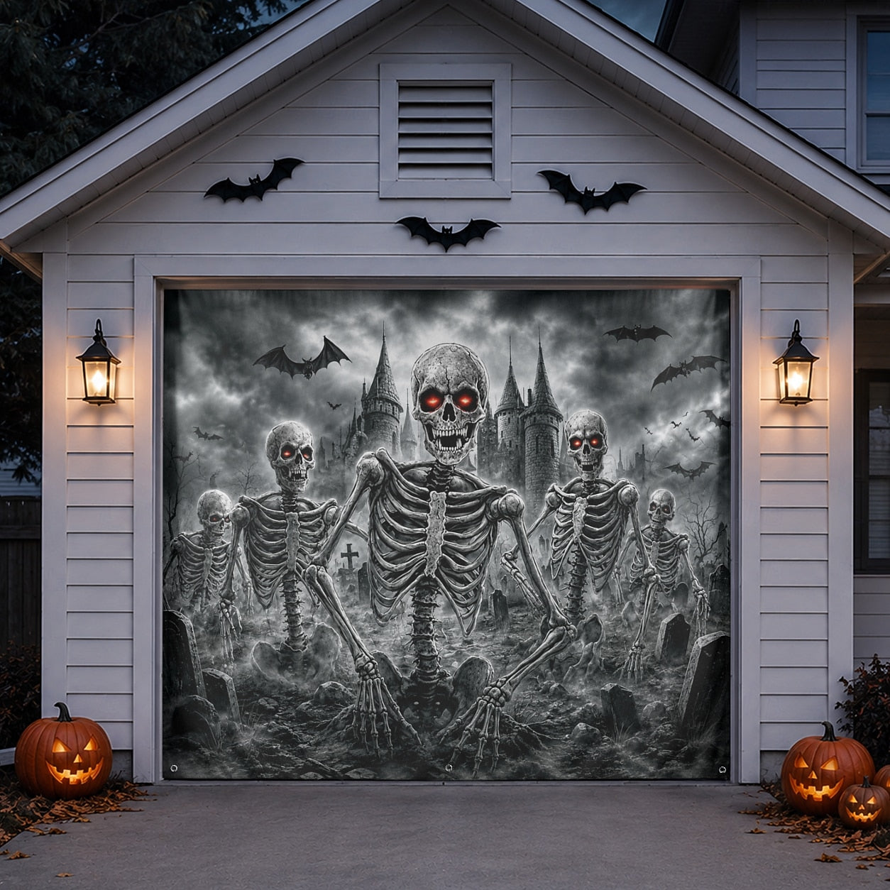 Flaming Skull & Burning Fire Skeleton | Halloween Garage Door Banner Cover