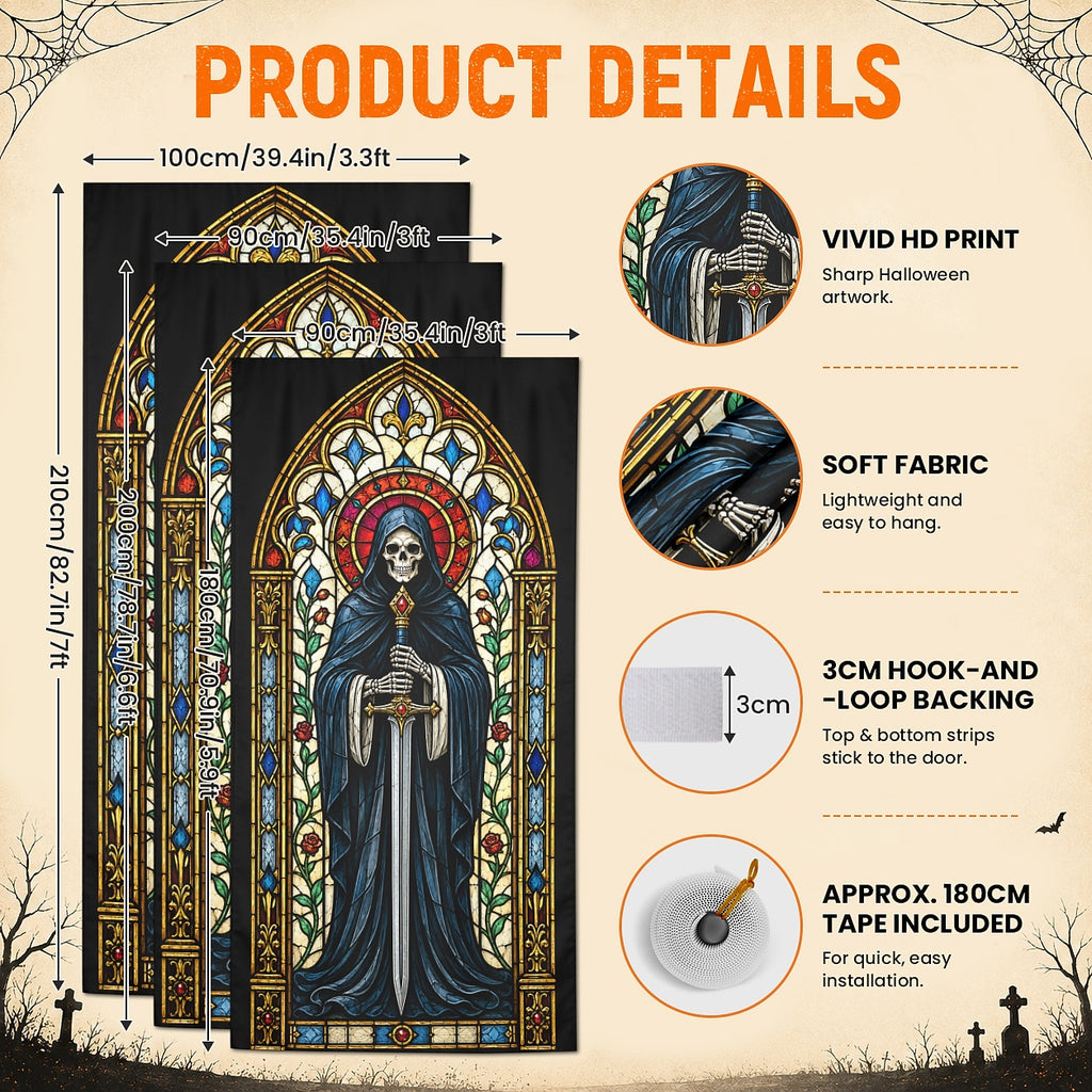 Stained Glass Grim Reaper Skeleton Gothic Banner Halloween Door Cover