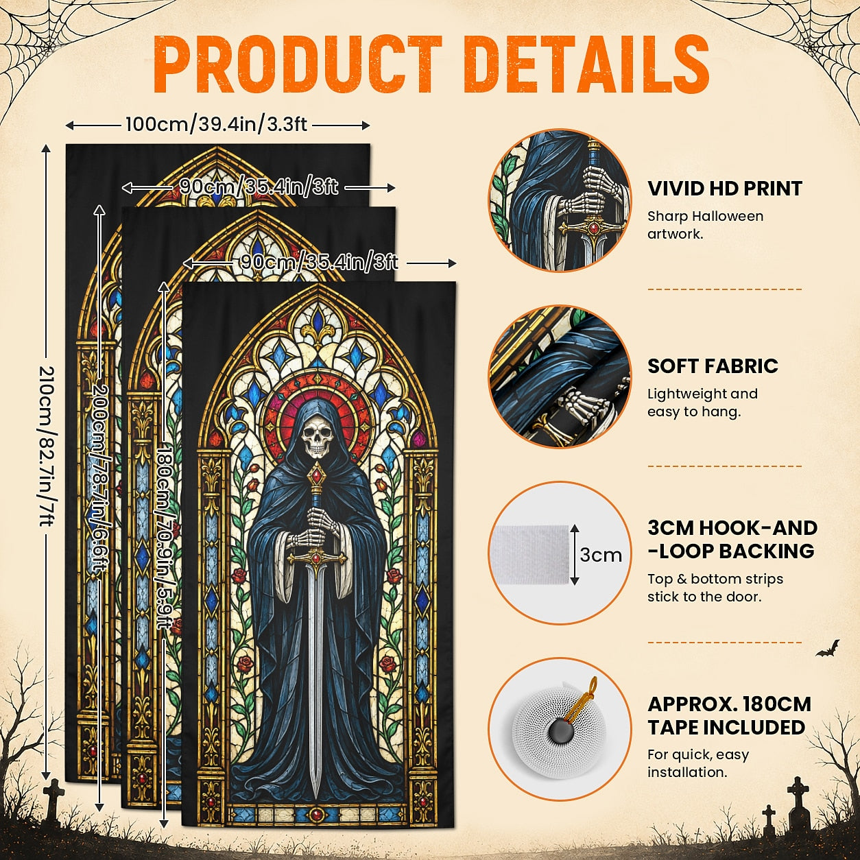 Stained Glass Grim Reaper Skeleton Gothic Banner Halloween Door Cover