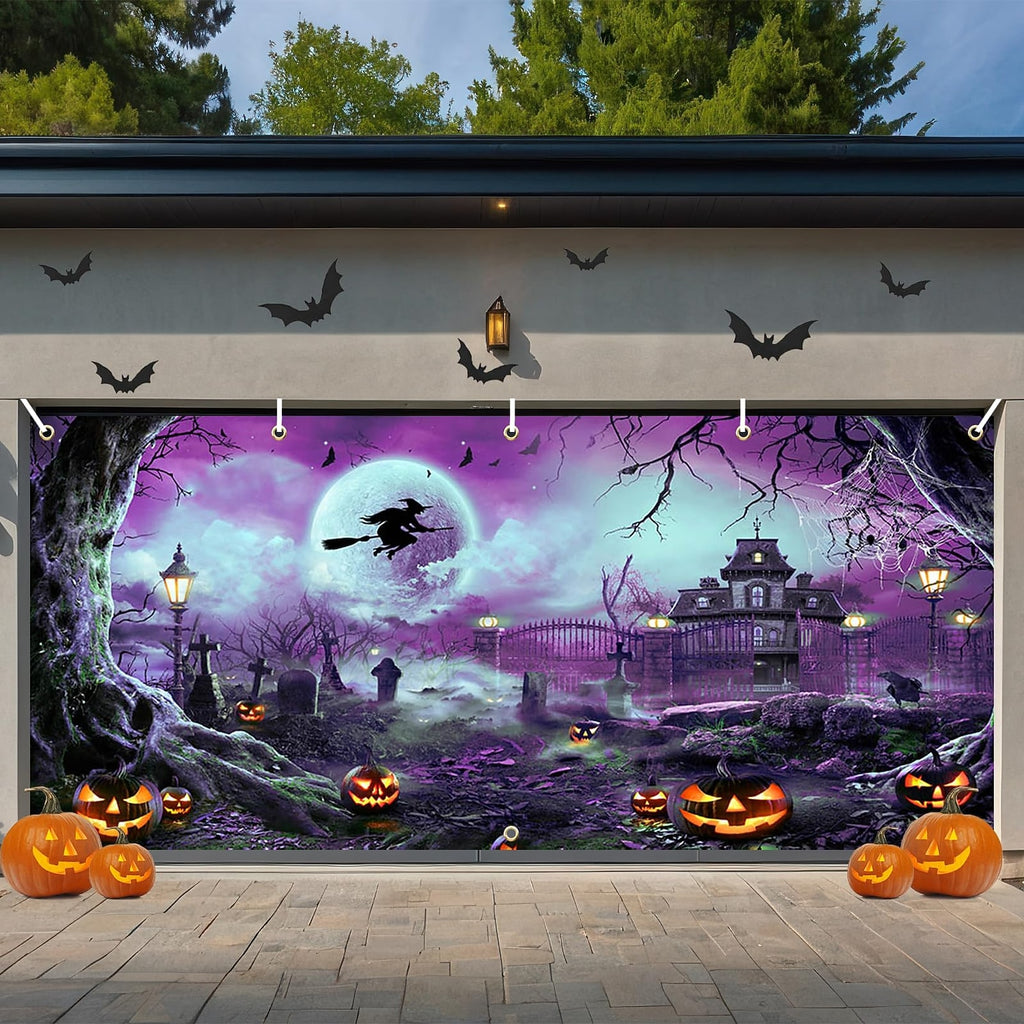 Scary Witch & Haunted House | Halloween Garage Door Banner Cover