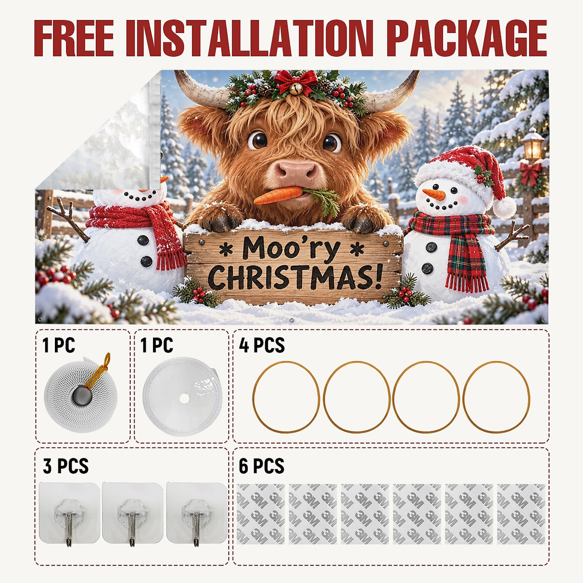 Christmas Garage Door Cover - Merry Christmas Highland Cow Design