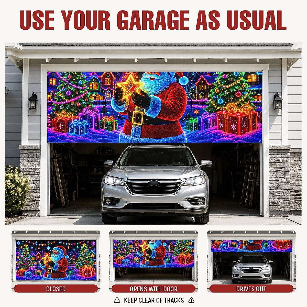 Blacklight Christmas Garage Cover UV Reactive Santa, Gifts & Christmas Tree