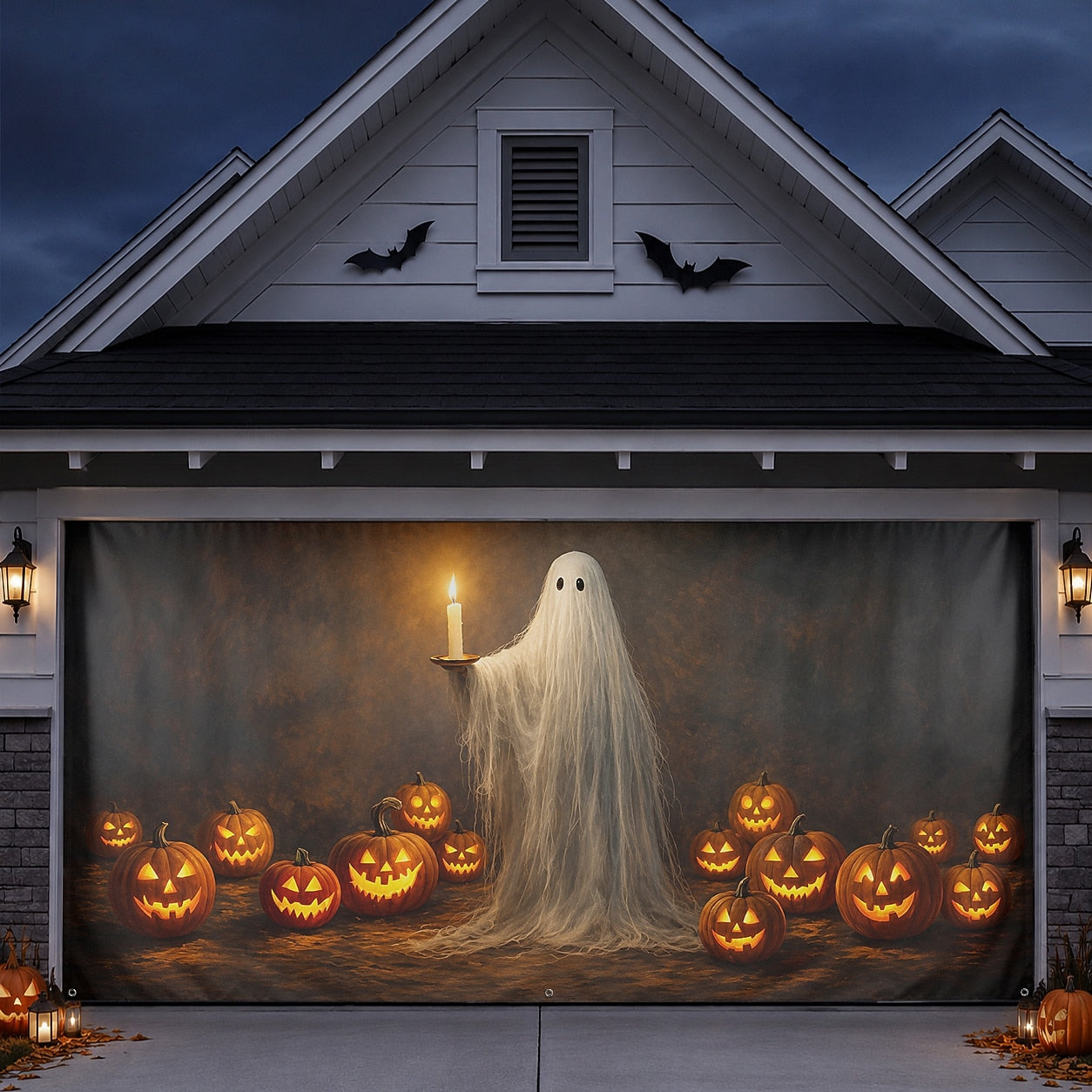 Ghost holding Candle & Jack-O'-Lantern Pumpkins | Halloween Garage Door Banner Cover