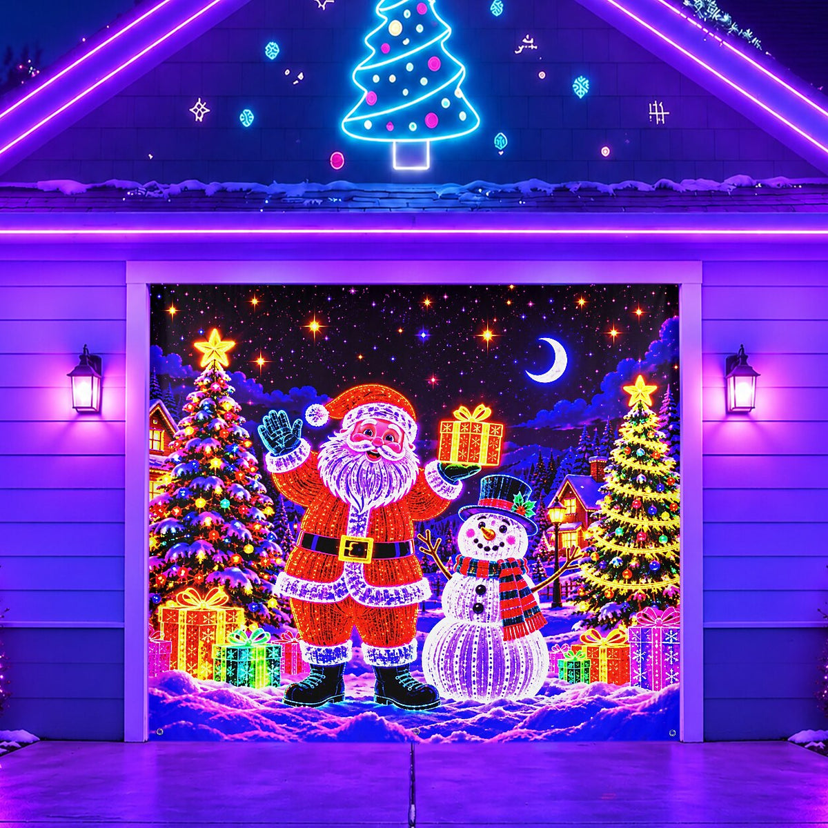 Blacklight Christmas Garage Door Cover - Colorful Santa Claus Neon Holiday Decor