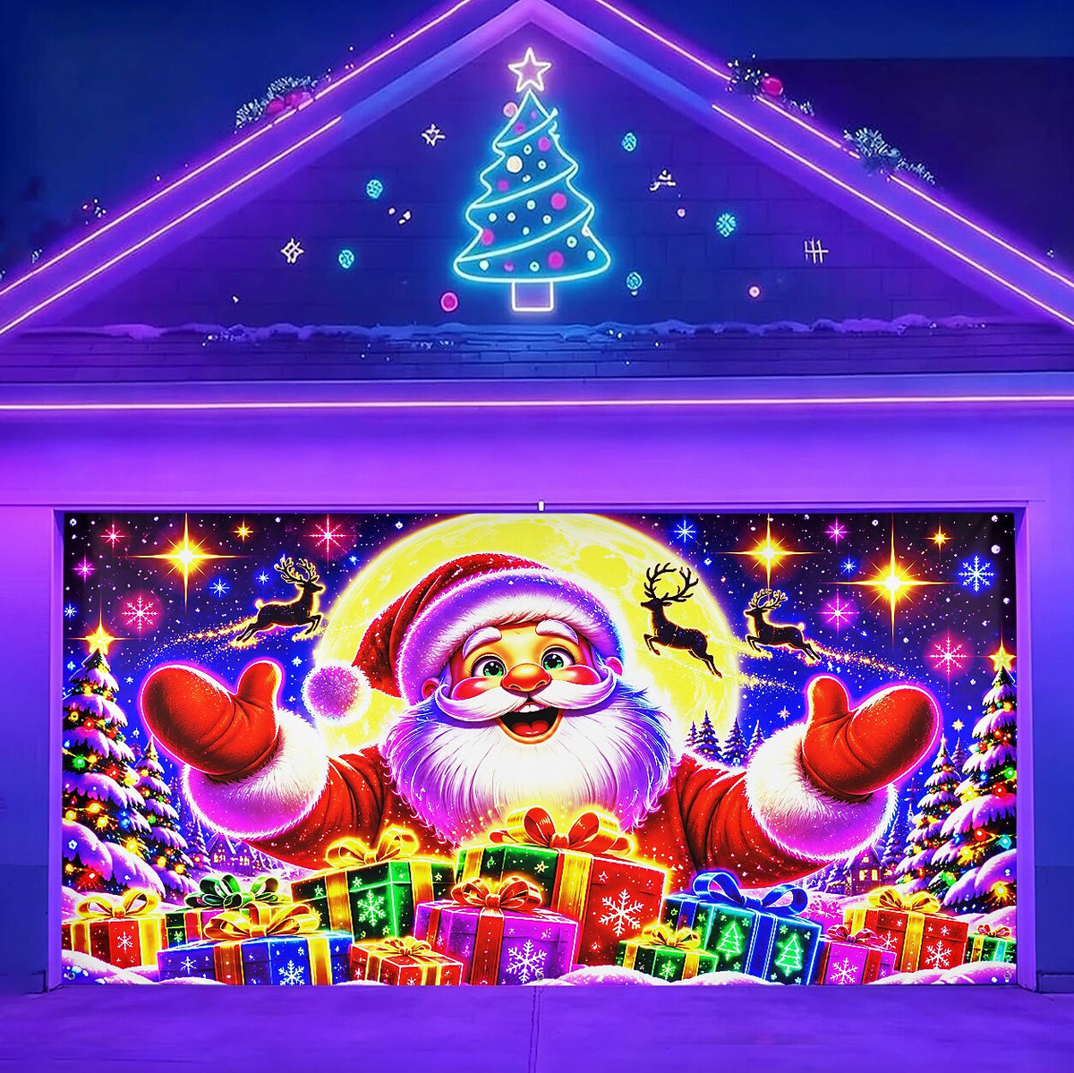 Blacklight Christmas Garage Door Cover - Santa Claus & Presents Neon Design