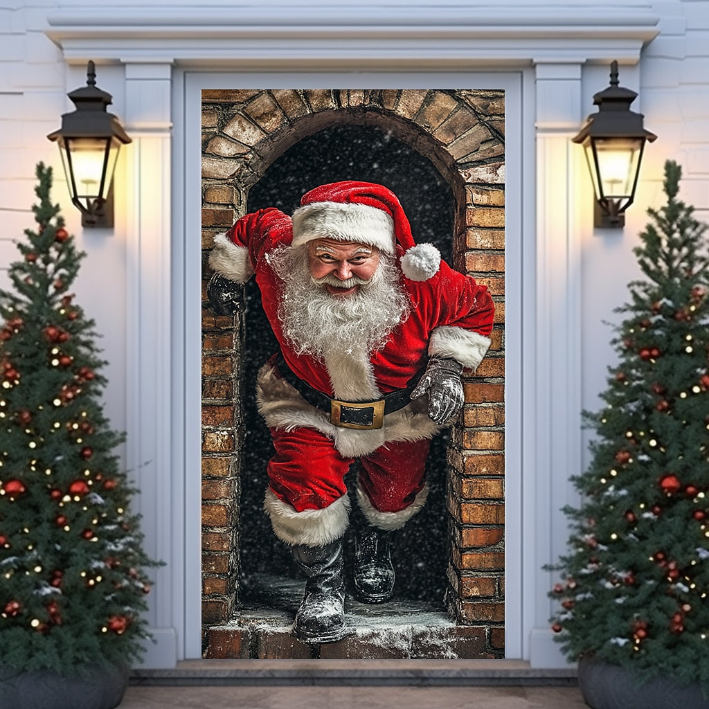 Santa Breaking Through Wall Christmas Door Cover