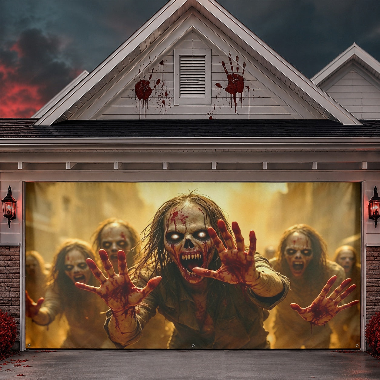 Creepy Girl & Red Balloon Horror Clown | Halloween Garage Door Banner Cover