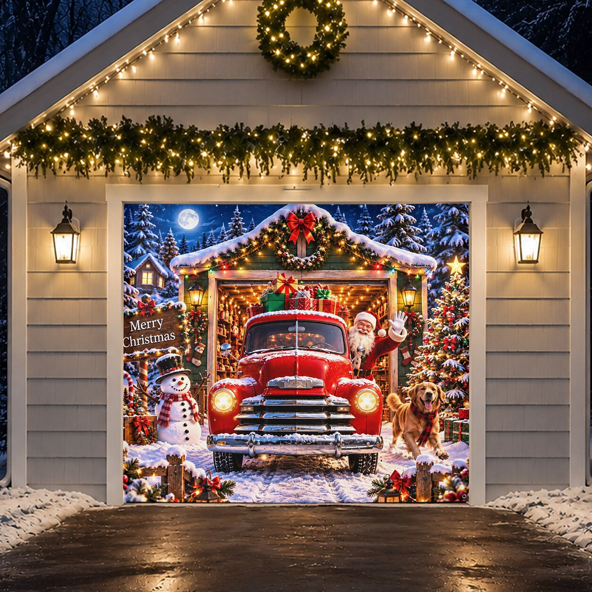 Christmas Garage Door Cover - Red Christmas Truck Snowy Village Decor