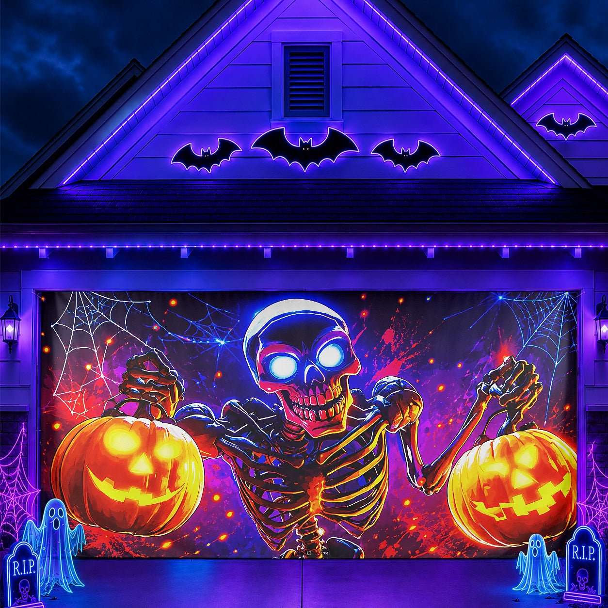 Skeleton Pumpkin & Jack-O'-Lantern Spooky Skull | Halloween Garage Door Banner Cover