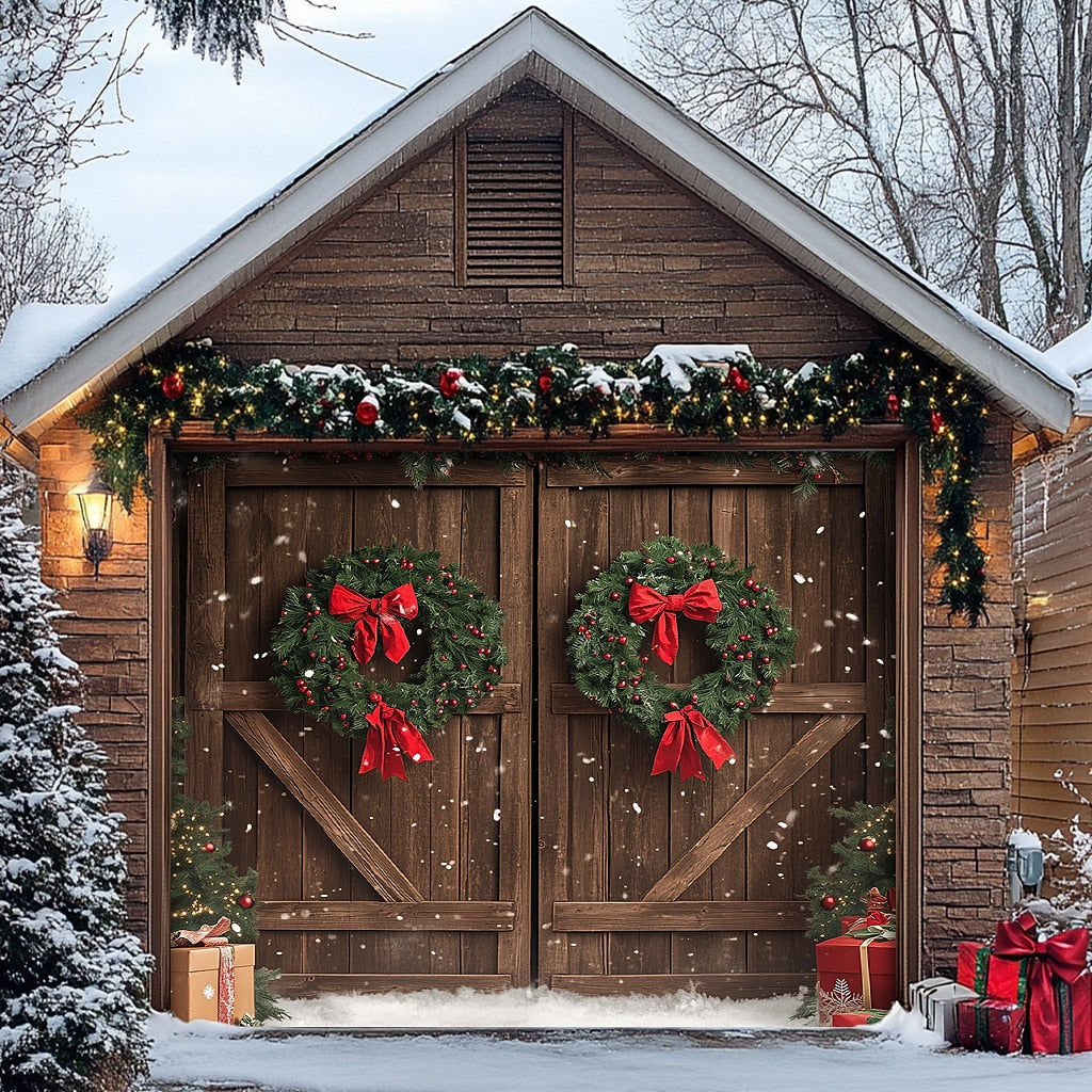 Farmhouse Christmas Scene Garage Door Cover
