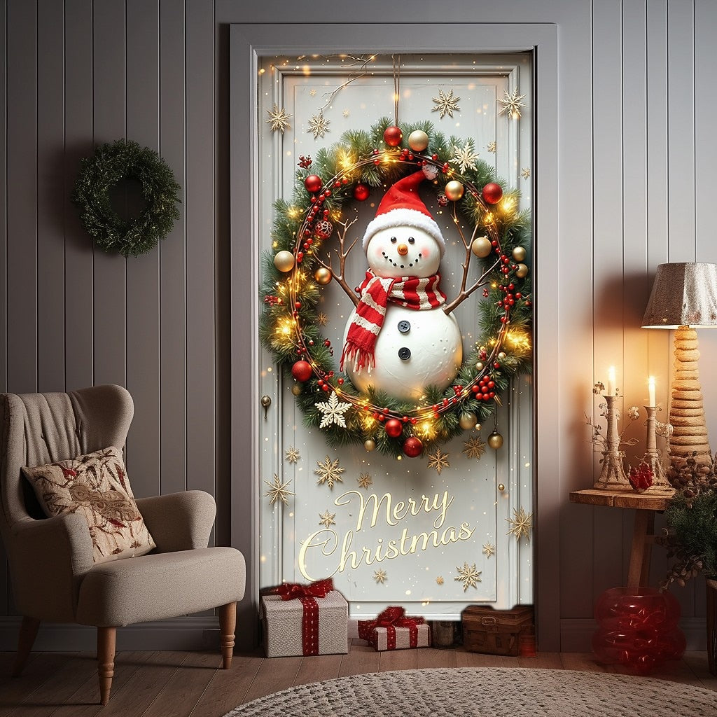 Snowman Wreath Lights & Ornaments Christmas Door Cover