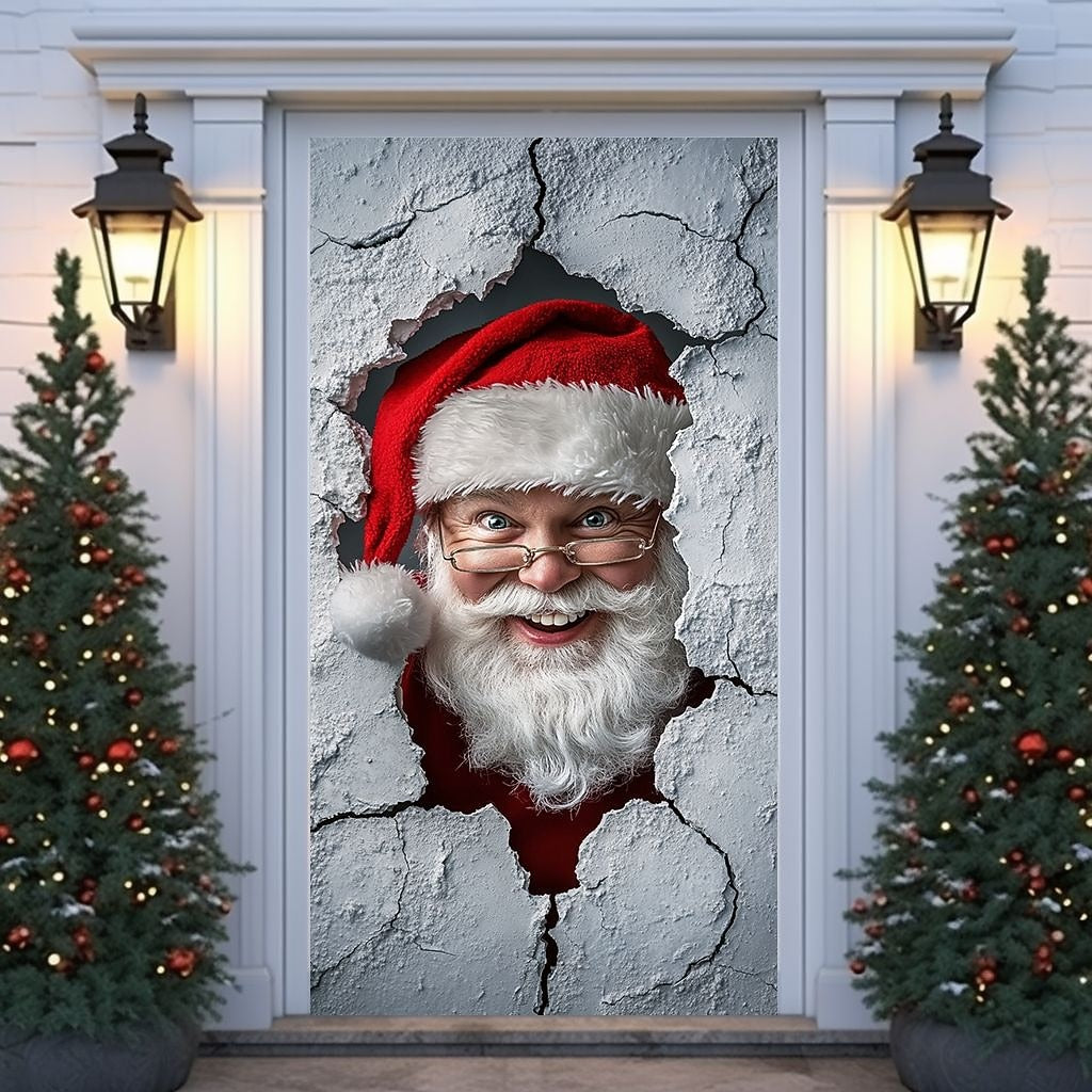 Santa Breaking Through Wall Christmas Door Cover