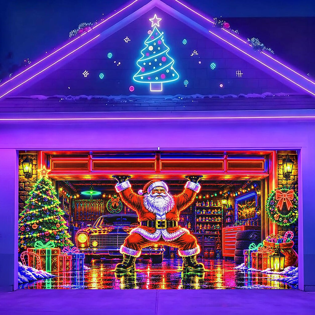 Blacklight Christmas Garage Cover UV Reactive Santa Gift Workshop